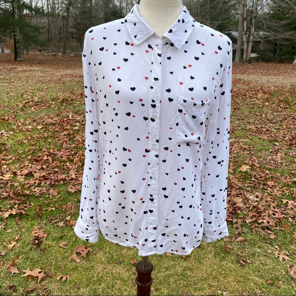 RAILS TOP BUTTON DOWN BLOUSE WHITE BLACK RED HEART PRINT SIZE S